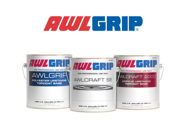 Three cans of Awlgrip marine paint products used for professional boat painting and refinishing by Outboard Service Express