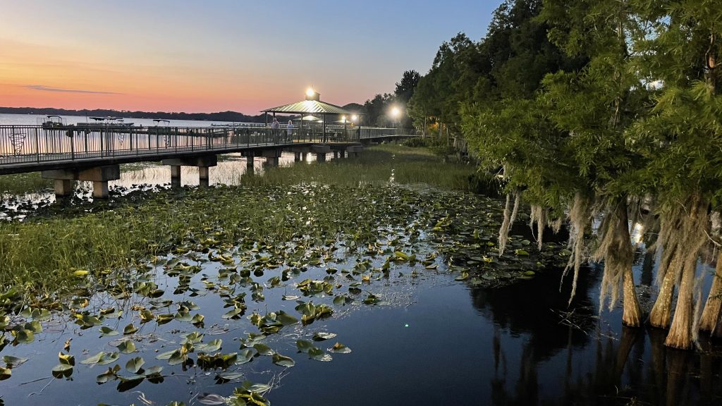 Sunset over Lake Eustis from the downtown Eustis boardwalk on the Harris Chain of Lakes